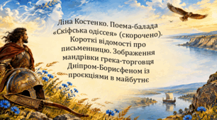 Ліна Костенко. Поема-балада «Скіфська одіссея» (скорочено). Короткі відомості про письменницю. Зображення мандрівки грека-торговця Дніпром-Борисфеном із проєкціями в майбутнє (презентація і робочий аркуш)