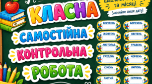 Шаблони для оформлення класної дошки: «Класна робота», «Самостійна робота», «Контрольна робота» та назви місяців із місцем для дати. 🌈📚