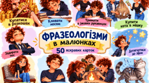 Картки «Фразеологізми в малюнках» 50 зображень і 50 карток-пояснень