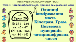 Тема 3. ЧОТИРИЦИФРОВІ ЧИСЛА. ОДИНИЦІ ВИМІРЮВАННЯ МАСИ. Урок 25. Одиниці вимірювання маси. Кілограм. Грам. Письмова нумерація чотирицифрових чисел. № 231 - 240, ст. 45 - 47, (№ 246 - 255, ст. 44 - 46), (Ч. І).