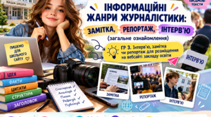 Інформаційні жанри журналістики: замітка, репортаж, інтерв’ю (загальне ознайомлення). ГР3. Інтерв’ю, замітка чи репортаж для розміщення на вебсайті закладу освіти. 9 клас НУШ. План-конспект+презентація+робочі аркуші