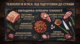 Навчально-методична презентація та опорний конспект: Технологія кулінарної обробки м'яса + візуальні картки