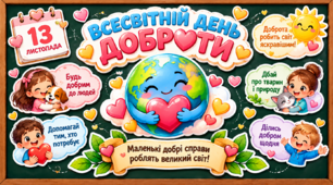 💖 «Всесвітній день доброти» 🌍 | БЕЗКОШТОВНЕ яскраве оформлення дошки до 13 листопада | «Маленькі добрі справи роблять великий світ!» | Для ЗДО та початкової школи