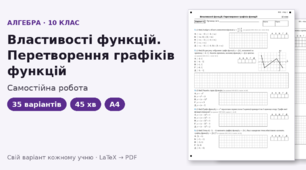Самостійна робота з алгебри для 10 класу на тему «Властивості функцій. Перетворення графіків функцій», 35 варіантів