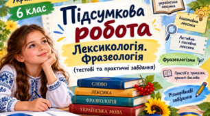 Підсумкова робота. Лексикологія. Фразеологія  (тестові завдання). 6 клас НУШ за Заболотним