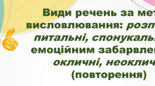 Конспект уроку, презентація (за посиланням) й відео (за посиланням) на тему: Види речень за метою висловлювання: розповідні, питальні, спонукальні. Види речень за емоційним забарвленням. Окличні, неокличні (повторення)