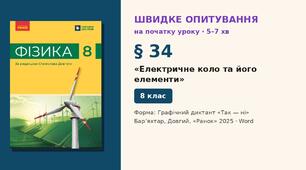 Швидке опитування до § 34 «Електричне коло та його елементи» — Графічний диктант «Так — ні», 2 варіанти із самоперевіркою, Фізика 8 клас НУШ (Бар’яхтар, Довгий, 2025)