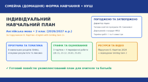 Індивідуальний навчальний план з англійської мови для 2 класу (сімейна/домашня форма навчання) на 2026/2027 н.р.