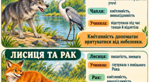 Алегорія в народних казках «Вовк і Чапля», «Лисиця та Рак». ТЛ: алегорія