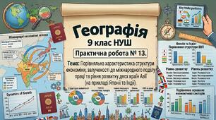 Практична робота № 13   Порівняльна характеристика структури економіки, залученості до міжнародного поділу праці та рівня розвитку двох країн Азії (на прикладі Японії та Індії). 9 клас НУШ