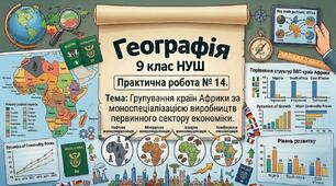 Практична робота № 14. Групування країн Африки за моноспеціалізацією виробництв первинного сектору економіки. 9 клас НУШ