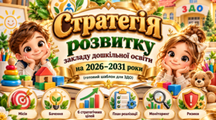 Стратегія розвитку закладу дошкільної освіти на 2026–2031 роки: місія, бачення, 6 стратегічних цілей, план реалізації, моніторинг і ризики (готовий шаблон для ЗДО)