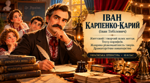 Презентація для уроку української літератури в 10 класі (стандарт) з теми "Іван Карпенко-Карий (І. Тобілевич). Основне про життєвий і творчий шлях митця, світогляд,багатогранність діяльності"+робочий аркуш+опорна картка та робочий аркуш ООП ІV рівень