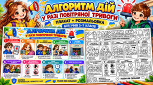 Плакат і розмальовка «Алгоритм дій у разі повітряної тривоги» для учнів 5–7 класів