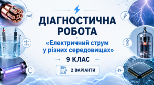 Діагностична контрольна робота №1 з фізики (9 клас, НУШ) | Електричний струм у різних середовищах | 2 варіанти | з відповідями та детальними розв’язками