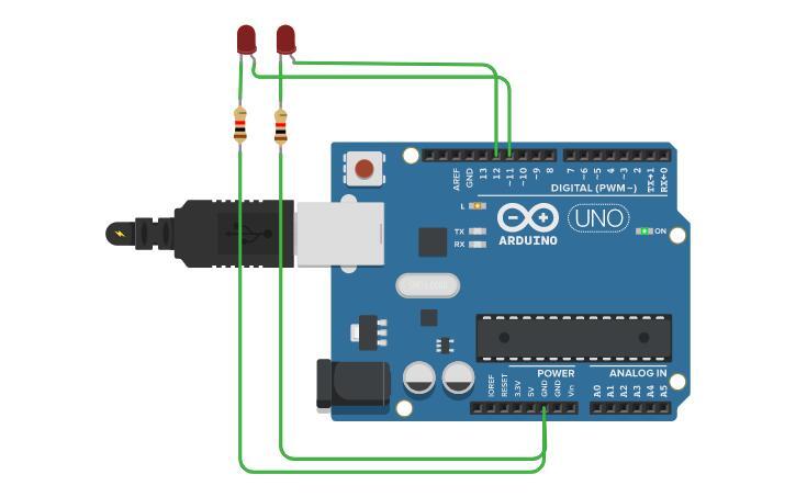 Circuit design Encendido y apagado de 2 leds - Tinkercad