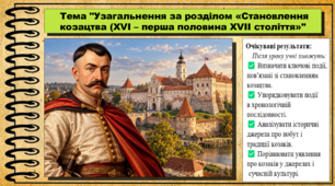 Узагальнення за розділом «Становлення козацтва (XVI – перша половина XVII століття». 8 клас (НУШ). Історія України. За підручником авторів Хлібовська Г. та інші.
