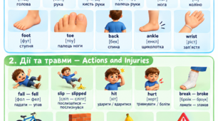 Навчальний плакат Body Parts and Accidents — A1 у форматі A4 з милим 3D-хом’ячком-помічником.