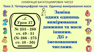 Тема 3. ЧОТИРИЦИФРОВІ ЧИСЛА. ОДИНИЦІ ВИМІРЮВАННЯ МАСИ. Урок 27. Заміна одних одиниць вимірювання довжини та маси іншими. Дії з іменованими числами. № 253 - 260, ст. 49 - 51, (№ 266 - 275, ст. 48 - 50), (Ч. І).