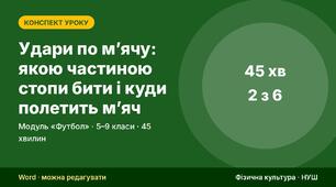 Конспект уроку фізичної культури «Удари по м’ячу: якою частиною стопи бити і куди полетить м’яч» (модуль «Футбол», 5–9 кл.) — до презентації зі схемами