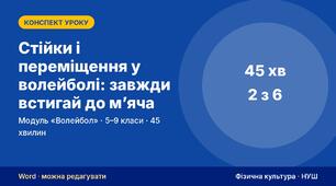 Конспект уроку фізичної культури «Стійки і переміщення у волейболі: завжди встигай до м’яча» (модуль «Волейбол», 5–9 кл.) — до презентації зі схемами
