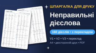 Неправильні дієслова англійської: таблиця зі 160 дієслів з перекладом (A4, двосторонній друк)