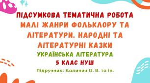 Підсумкова тематична робота №1. Малі жанри фольклору та літератури. Народні та літературні казки. Українська література. 5 клас НУШ (підручник: Калинич О. В.)