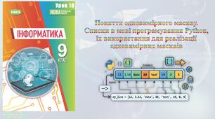 9 клас 18 урок НУШ. Поняття одновимірного масиву. Списки в мові програмування Python, їх використання для реалізації одновимірних масивів
