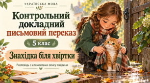 : Контрольний докладний письмовий переказ тексту розповідного характеру з елементами опису тварини, що містить синоніми та антоніми, за самостійно складеним простим планом.
