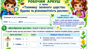 Робочий аркуш "Будова й різноманітність рослин." 2 клас, підручник І.Жаркова