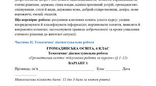 Тематична/діагностувальна робота №3 за увесь курс (річна/екстернат) Громадянська освіта для 6 класу МНП І. Васильків . За рівнями навчальних досягнень.