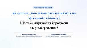 Як капітал, доходи і витрати впливають на ефективність бізнесу? Що таке енергоаудит і програми енергозбереження?