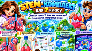 🫁 STEM-комплект для 7 класу «Хто як дихає? Чим ми дихаємо? Склад повітря. Хто продукує кисень?»+Бонус гра