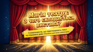 Компоненти вистави: літературний твір, акторська гра, музичний компонент, елемент умовності, художній світ вистави — сценографія як місце дії і як художній образ.