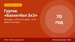 Гурток «Баскетбол 3х3»: навчальна програма, КТП на 70 занять, контрольні тести, критерії оцінювання, протокол тестування