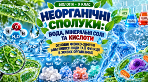 Неорганічні сполуки: вода, мінеральні солі та кислоти. Основні фізико-хімічні властивості води та її функції в живих організмах. БІОЛОГІЯ. 9 КЛАС