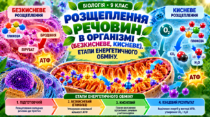 Розщеплення речовин в організмі (безкисневе, кисневе). Етапи енергетичного обміну.  БІОЛОГІЯ. 9 КЛАС
