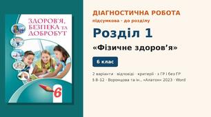 Підсумкова діагностична робота до Розділу 1 «Фізичне здоров’я» (§ 8–12), 2 варіанти з відповідями та критеріями оцінювання (з ГР і без ГР), Здоров’я, безпека та добробут 6 клас НУШ (Воронцова та ін., «Алатон», 2023)