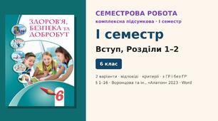 Семестрова діагностична робота (I семестр) — комплексна підсумкова робота за Вступ, розділи 1–2 (§ 1–16), 2 варіанти з відповідями (з ГР і без ГР), Здоров’я, безпека та добробут 6 клас НУШ (Воронцова та ін., «Алатон», 2023)