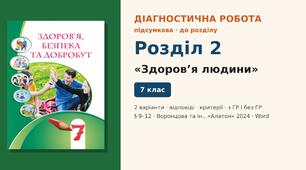 Підсумкова діагностична робота до Розділу 2 «Здоров’я людини» (§ 9–12), 2 варіанти з відповідями та критеріями оцінювання (з ГР і без ГР), Здоров’я, безпека та добробут 7 клас НУШ (Воронцова та ін., «Алатон», 2024)