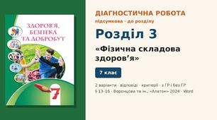 Підсумкова діагностична робота до Розділу 3 «Фізична складова здоров’я» (§ 13–16), 2 варіанти з відповідями та критеріями оцінювання (з ГР і без ГР), Здоров’я, безпека та добробут 7 клас НУШ (Воронцова та ін., «Алатон», 2024)