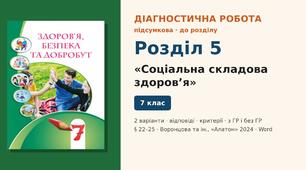 Підсумкова діагностична робота до Розділу 5 «Соціальна складова здоров’я» (§ 22–25), 2 варіанти з відповідями та критеріями оцінювання (з ГР і без ГР), Здоров’я, безпека та добробут 7 клас НУШ (Воронцова та ін., «Алатон», 2024)