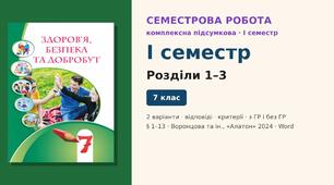 Семестрова діагностична робота (I семестр) — комплексна підсумкова робота за розділи 1–3 (§ 1–13), 2 варіанти з відповідями (з ГР і без ГР), Здоров’я, безпека та добробут 7 клас НУШ (Воронцова та ін., «Алатон», 2024)