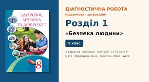 Підсумкова діагностична робота до Розділу 1 «Безпека людини» (§ 1–5), 2 варіанти з відповідями та критеріями оцінювання (з ГР і без ГР), Здоров’я, безпека та добробут 8 клас НУШ (Воронцова та ін., «Алатон», 2025)