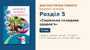 Підсумкова діагностична робота до Розділу 5 «Соціальна складова здоров’я» (§ 17–22), 2 варіанти з відповідями та критеріями оцінювання (з ГР і без ГР), Здоров’я, безпека та добробут 8 клас НУШ (Воронцова та ін., «Алатон», 2025)