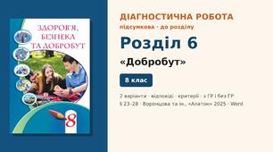 Підсумкова діагностична робота до Розділу 6 «Добробут» (§ 23–28), 2 варіанти з відповідями та критеріями оцінювання (з ГР і без ГР), Здоров’я, безпека та добробут 8 клас НУШ (Воронцова та ін., «Алатон», 2025)