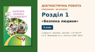 Підсумкова діагностична робота до Розділу 1 «Безпека людини» (§ 1–5), 2 варіанти з відповідями та критеріями оцінювання (з ГР і без ГР), Здоров’я, безпека та добробут 9 клас НУШ (Воронцова та ін., «Алатон», 2026)