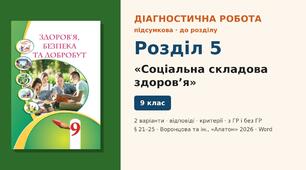 Підсумкова діагностична робота до Розділу 5 «Соціальна складова здоров’я» (§ 21–25), 2 варіанти з відповідями та критеріями оцінювання (з ГР і без ГР), Здоров’я, безпека та добробут 9 клас НУШ (Воронцова та ін., «Алатон», 2026)