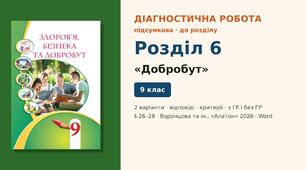 Підсумкова діагностична робота до Розділу 6 «Добробут» (§ 26–28), 2 варіанти з відповідями та критеріями оцінювання (з ГР і без ГР), Здоров’я, безпека та добробут 9 клас НУШ (Воронцова та ін., «Алатон», 2026)