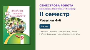 Семестрова діагностична робота (II семестр) — комплексна підсумкова робота за розділи 4–6 (§ 17–28), 2 варіанти з відповідями (з ГР і без ГР), Здоров’я, безпека та добробут 9 клас НУШ (Воронцова та ін., «Алатон», 2026)